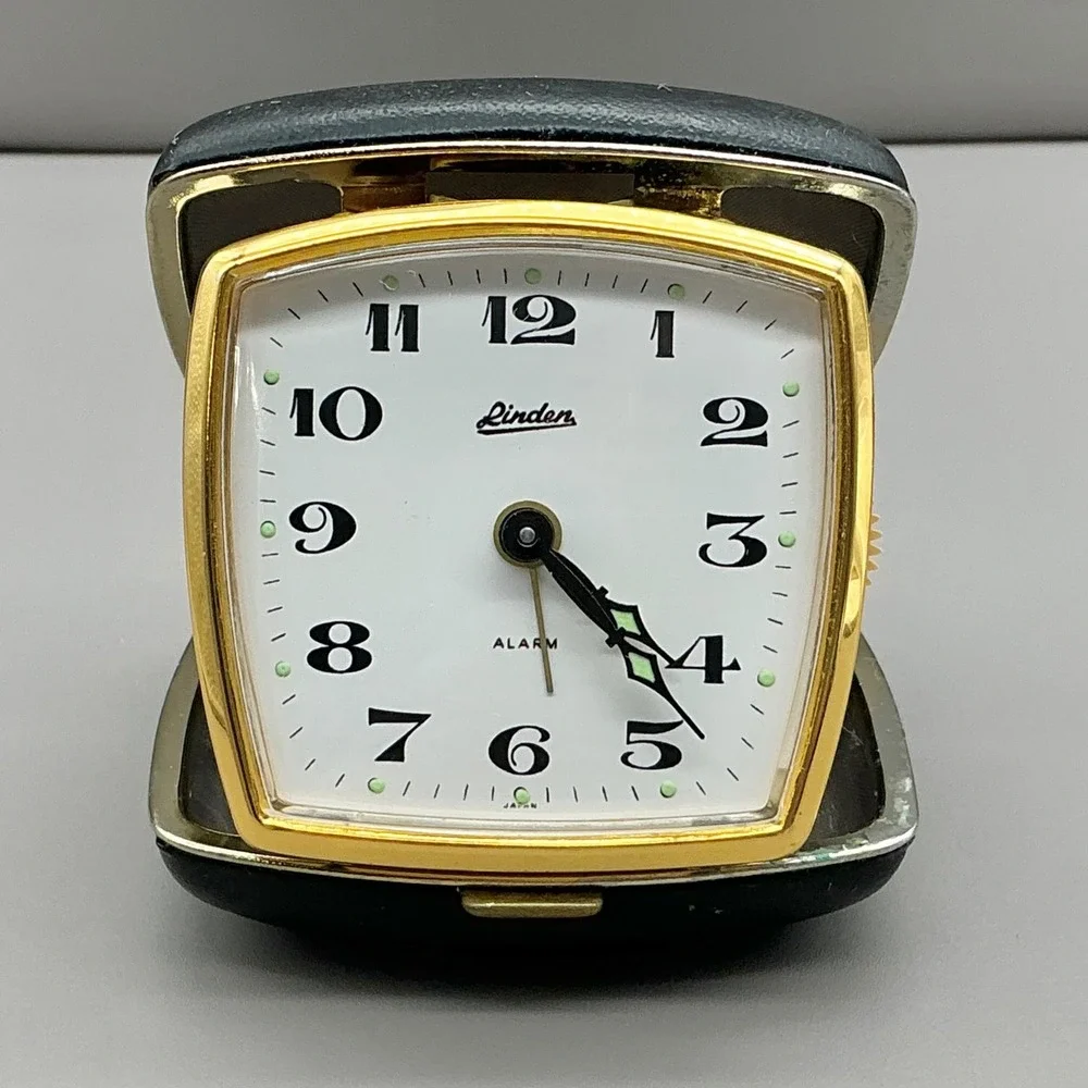 Vintage Linden Travel Alarm Clock Folding Black Gold Case Mechanical Japan WORKS